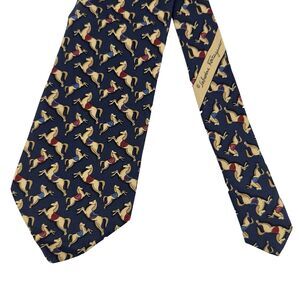 Salvatore Ferragamo 100% Silk Tie Necktie Dark Navy Horse Print Made in Italy‎